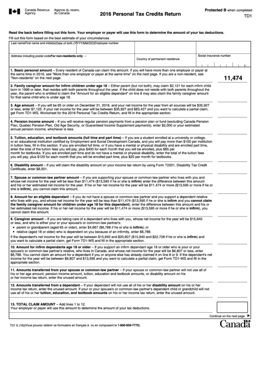 Form Td1 - Personal Tax Credits Return - 2016 Printable pdf