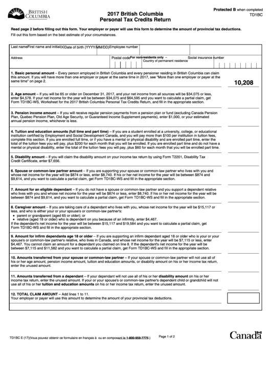 Form Td1bc - British Columbia Personal Tax Credits Return - 2017 Printable pdf