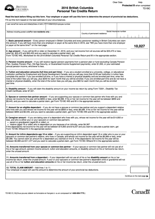 Fillable Form Td1bc - British Columbia Personal Tax Credits Return - 2016 Printable pdf