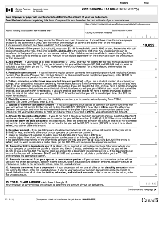 Fillable Form Td1 Personal Tax Credits Return 2012 Printable Pdf 