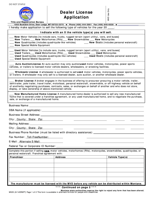 Fillable Form Mv25 - 2014 Dealer License Application Printable pdf