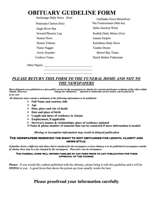 Fillable Sample Obituary Guideline Form Printable pdf