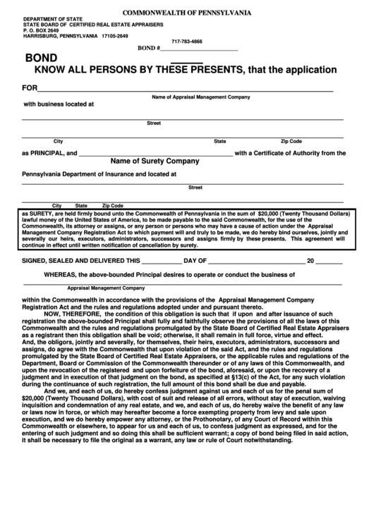 Request For Bond Form - Pennsylvania Printable pdf