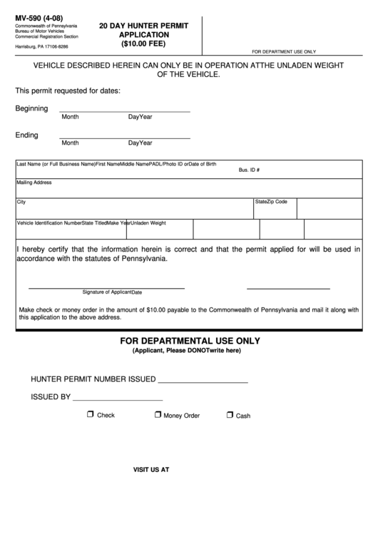 Fillable Pennsylvania Form Mv-590 (4-08) 20 Day Hunter Permit Application Printable pdf