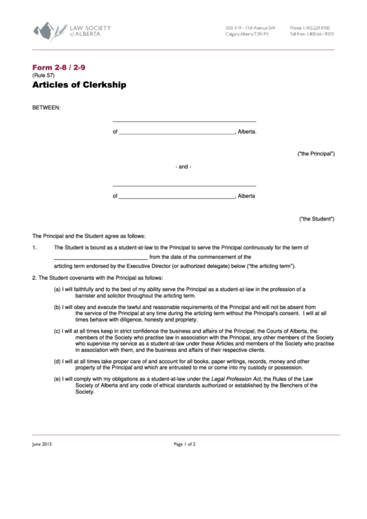 Fillable Form 2-8 / 2-9 (Rule 57) Articles Of Clerkship Printable pdf