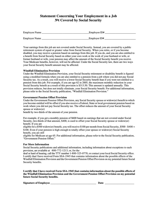 Form Ssa-1945 - Statement Concerning Your Employment In A Job Printable pdf