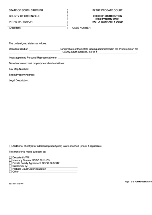 Fillable Form 400es - Deed Of Distribution - Greenville, South Carolina Printable pdf