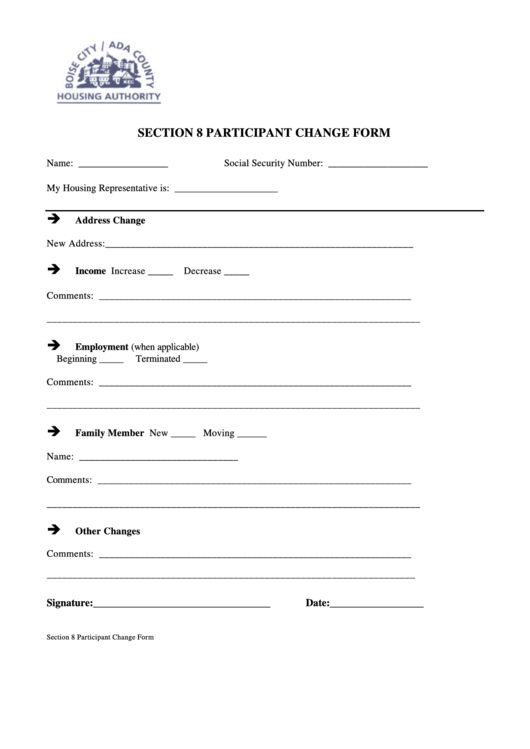 Section 8 Participant Change Form Printable pdf