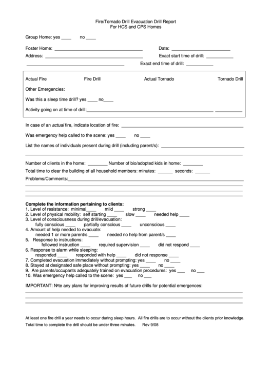 Fire/fire Drill Evacuation Drill Report Form For Hcs And Cps Homes Printable pdf