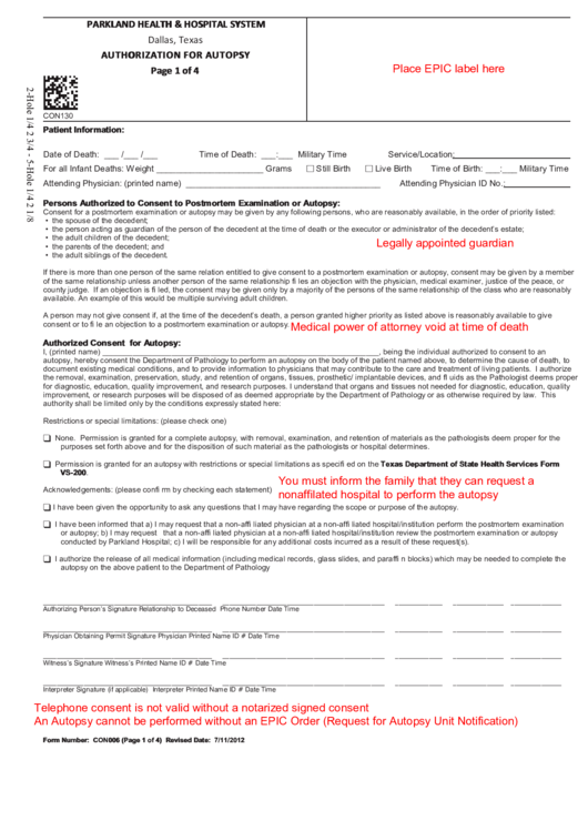 Authorization For Autopsy - Parkland Health & Hospital System Printable pdf