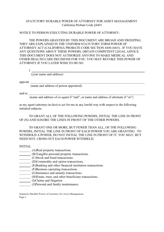 Statutory Durable Power Of Attorney Template For Asset Management Printable pdf