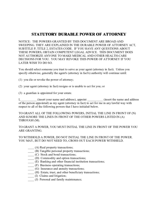 Basic Statutory Durable Power Of Attorney Template Printable pdf