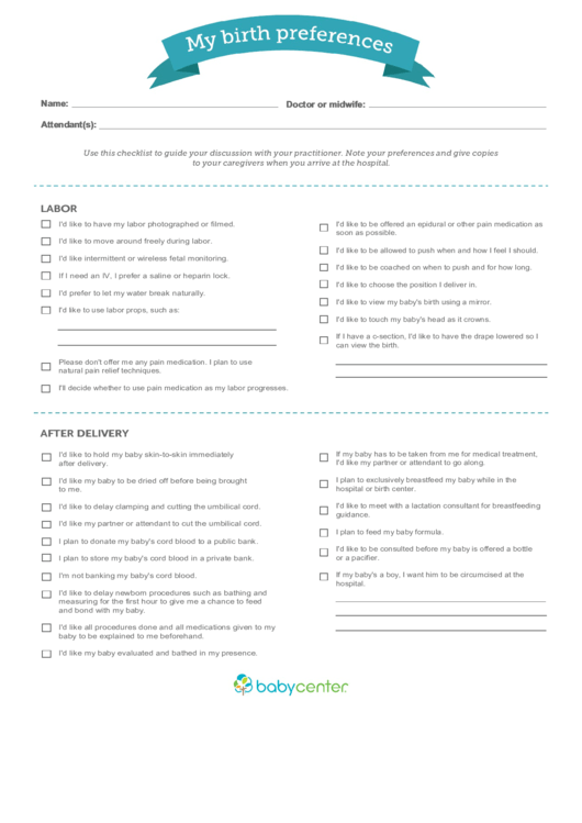 Birth Preference Worksheet Printable pdf