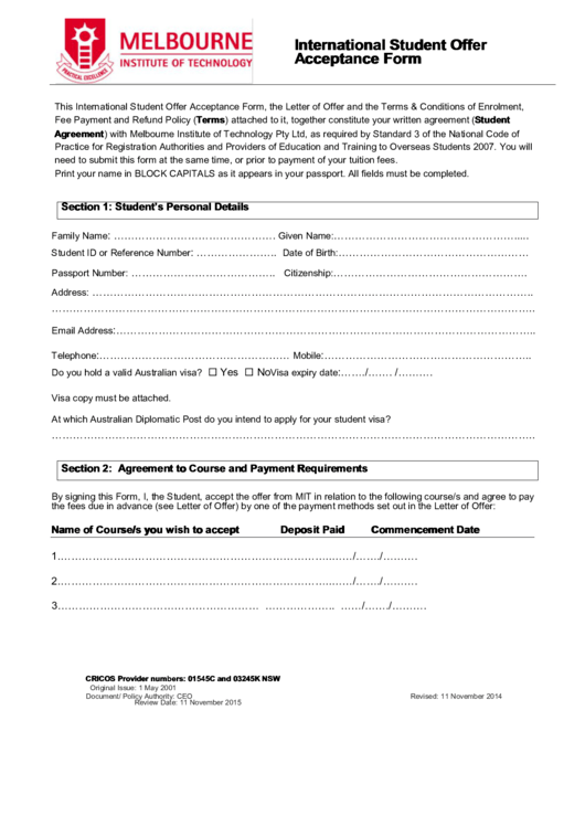 International Student Offer Acceptance Form