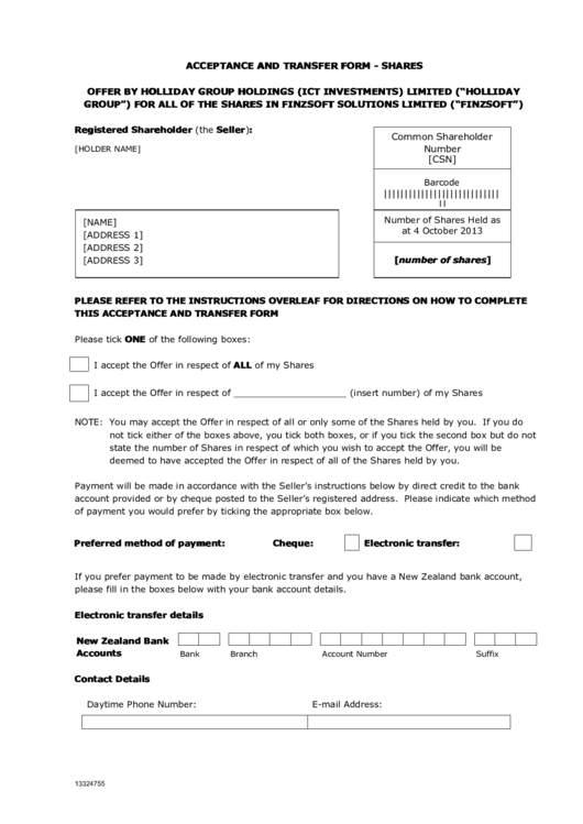 Acceptance And Transfer Form - Shares Printable pdf