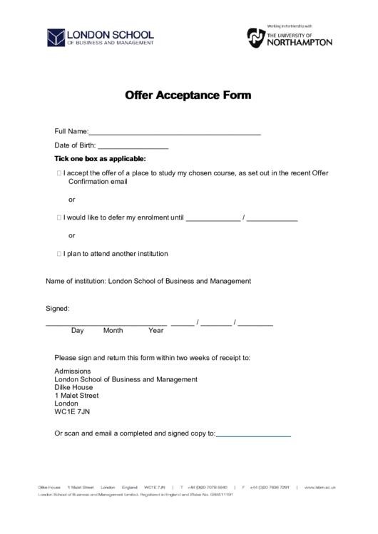 Offer Acceptance Form Printable Pdf Download