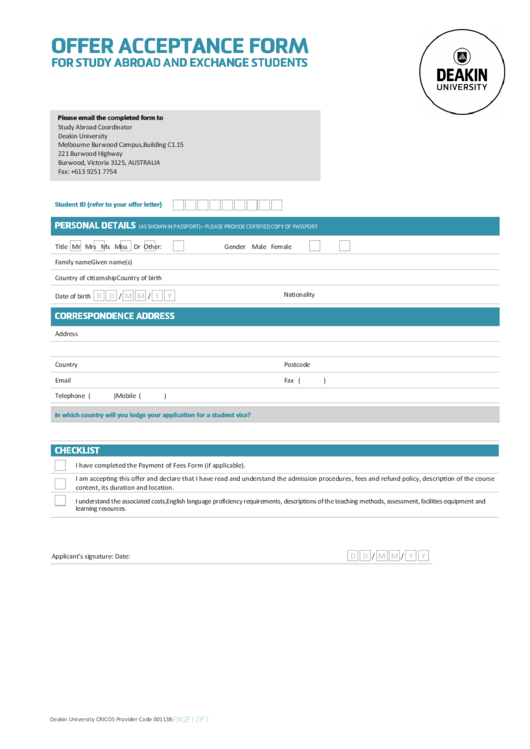Offer Acceptance Form Printable pdf
