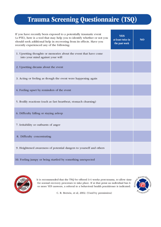 Trauma Screening Questionnaire (Tsq) Template Printable pdf