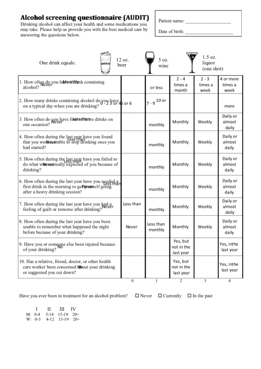 Alcohol Screening Questionnaire Template printable pdf download