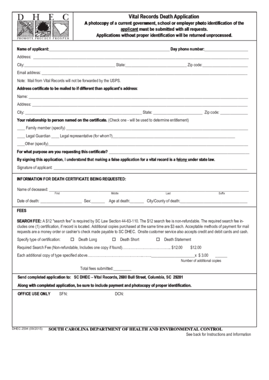 Vital Records Death Application Form
