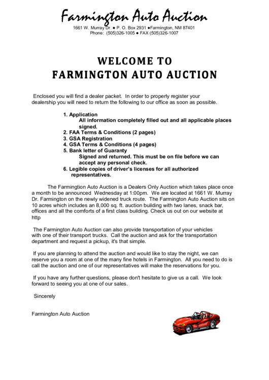 Farmington Auto Auction Cover Letter