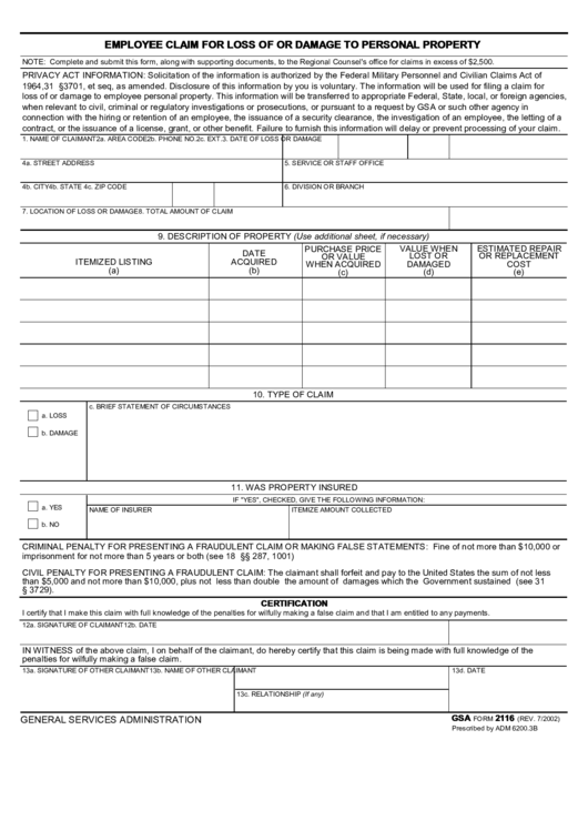 Fillable Employee Claim For Loss Of Or Damage To Personal Property Printable pdf