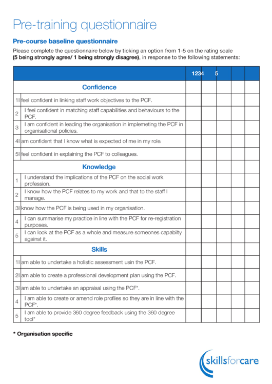 Pre-Training/post-Training Questionnaire Template Printable pdf
