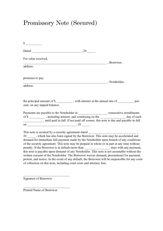 Fillable Secured Promissory Note Form Printable pdf