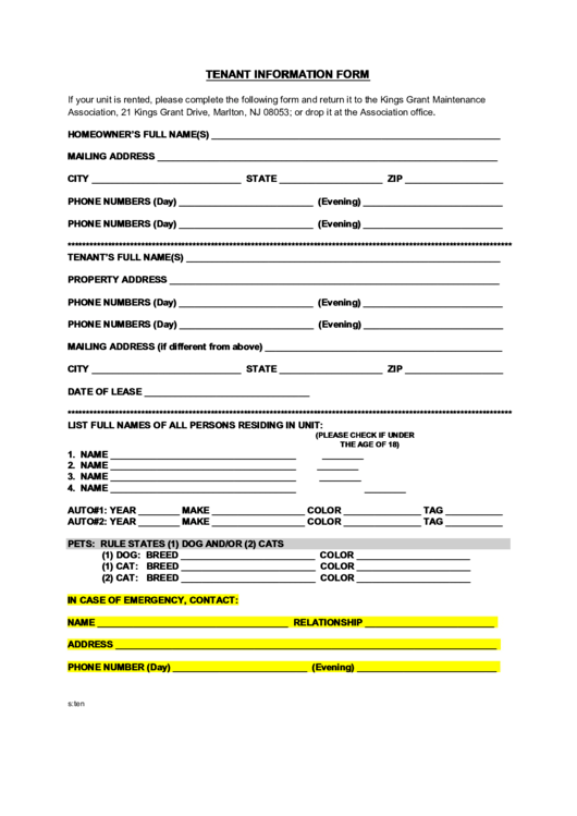 Tenant Information Form Template Printable pdf