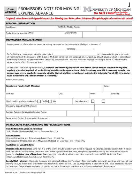 Fillable Form Hr36700 - Promissory Note For Moving Expense Advance Printable pdf