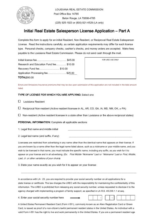 Initial Real Estate Salesperson License Application - Part A Printable pdf