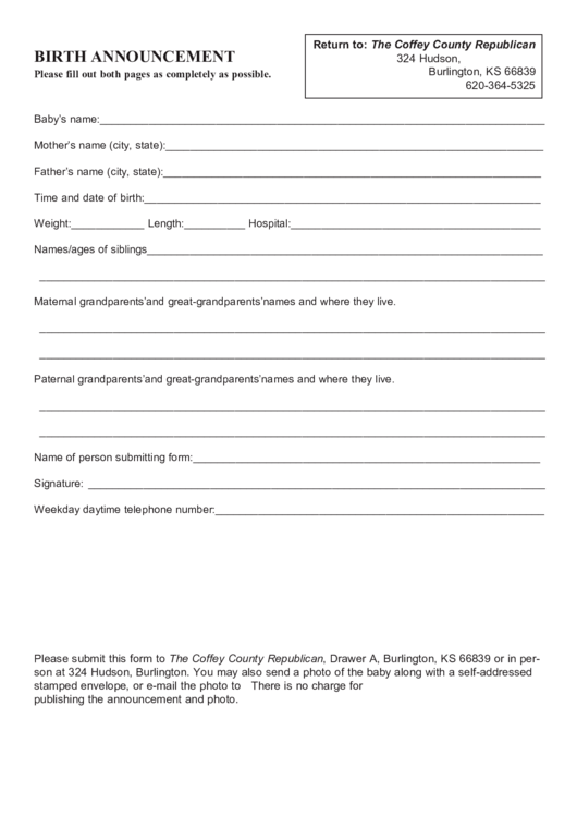 The Coffey County Republican Birth Announcement Form Printable pdf