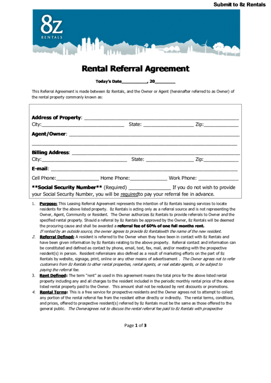 Fillable Rental Referral Agreement Printable pdf