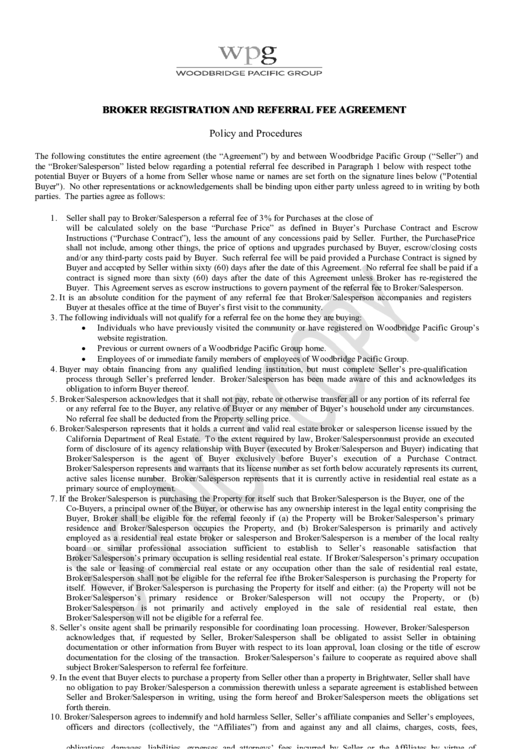 Broker Registration And Referral Fee Agreement Printable pdf