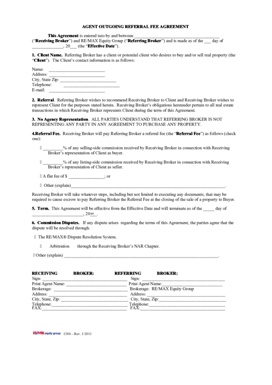 Agent Outgoing Referral Fee Agreement Printable pdf