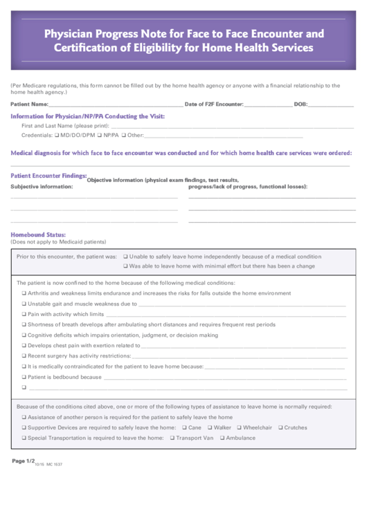 Fillable Physician Progress Note For Face-To-Face Encounter And Certification Of Eligibility For Home Health Services Form - Purple Printable pdf