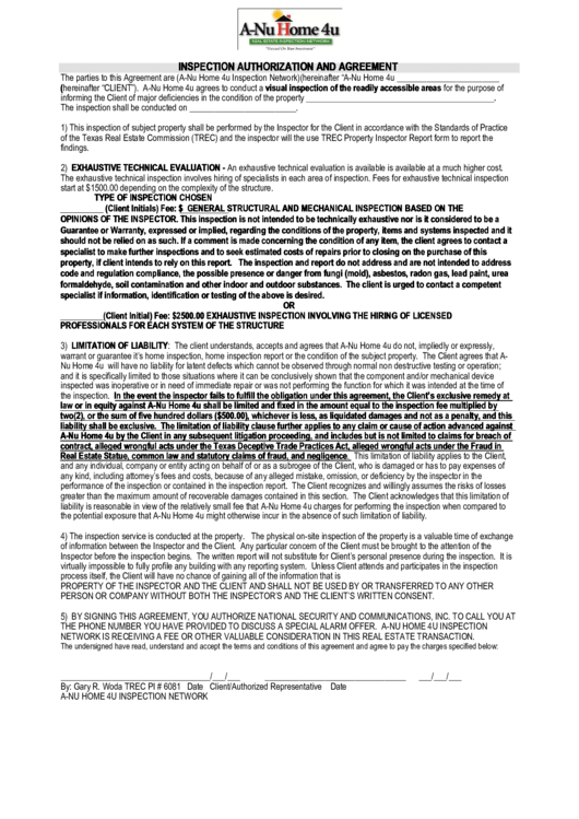 Inspection Authorization And Agreement Printable pdf
