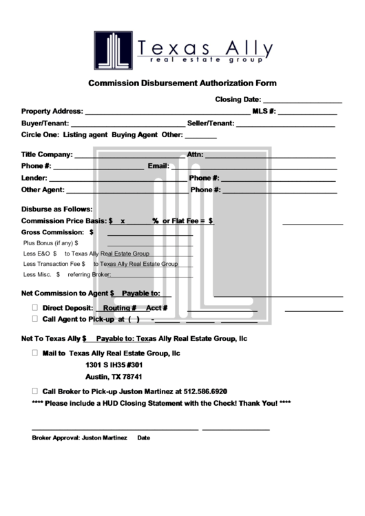 Commission Disbursement Authorization Form Printable pdf