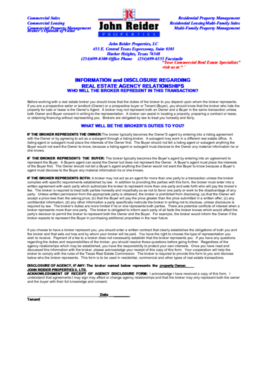 Information And Disclosure Regarding Real Estate Agency Relationships Printable pdf