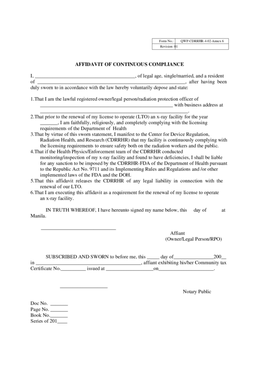 Affidavit Of Continuous Compliance Printable pdf