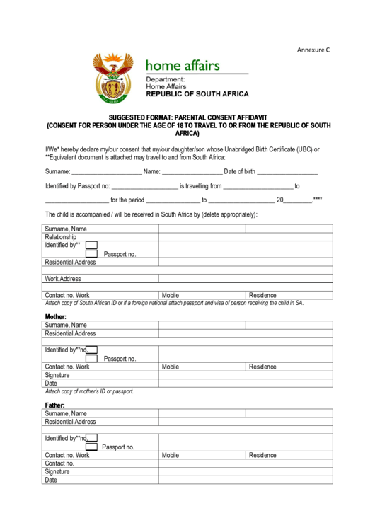 Parental Consent Affidavit Form Printable pdf