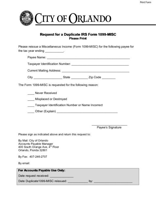 Fillable Request For A Duplicate Irs Form 1099-Misc - City Of Orlando Printable pdf