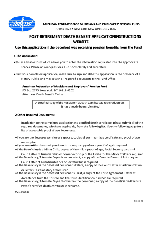 Fillable Postretirement Death Benefit Application Package Printable pdf