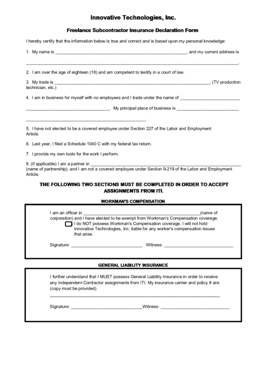 Freelance Subcontractor Insurance Declaration Form Printable pdf