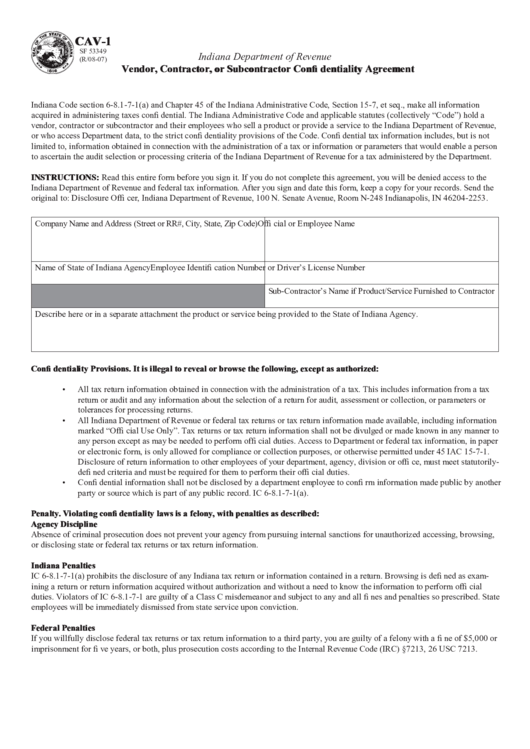 Fillable Cav-1 - Vendor, Contractor, Or Subcontractor Confi Dentiality Agreement - Indiana Department Of Revenue Printable pdf