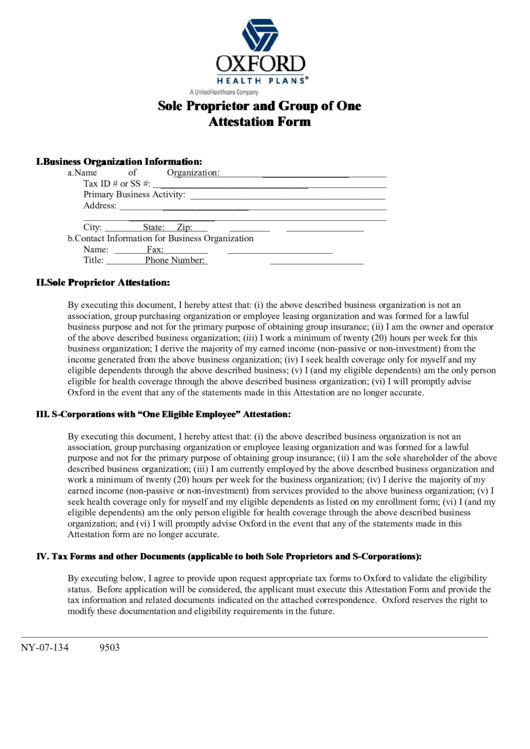 Sole Proprietor And Group Of One Attestation Form Printable pdf