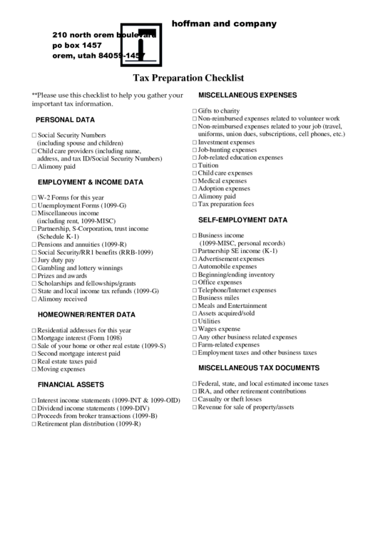 Tax Preparation Checklist Printable pdf
