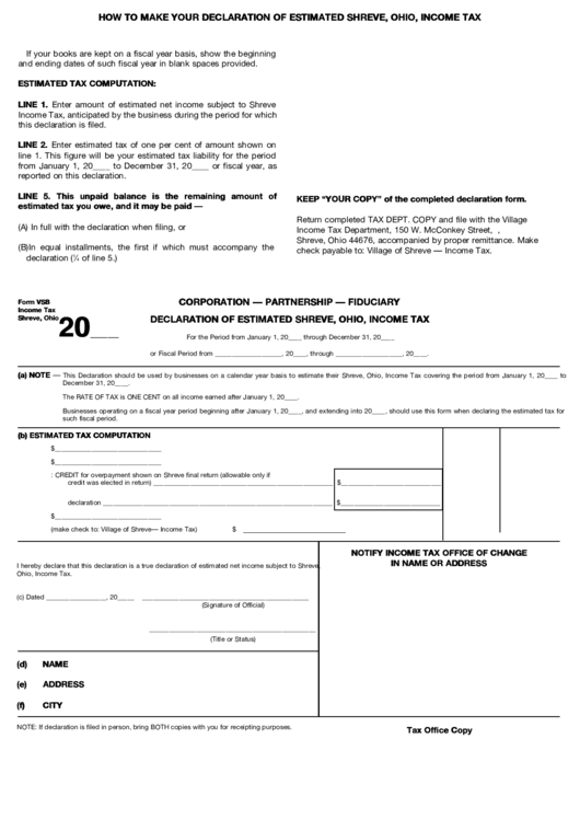 Form Vsb - Corporation - Partnership - Fiduciary Declaration Of Estimated Shreve, Ohio, Income Tax Printable pdf