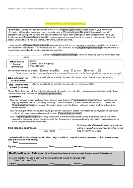 Client Limited Release Of Information Form Printable pdf