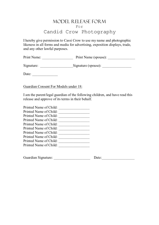 Model Release Form For Candid Crow Photography Printable pdf
